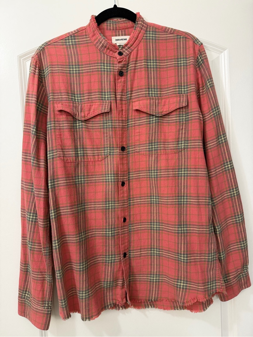 Zadig & Voltaire Coral Red Plaid Mandarin-Collar Shirt